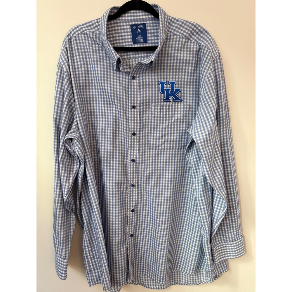 Antigua Kentucky Wildcats Men's Button Down Shirt Blue Check UK Logo Big & Tall